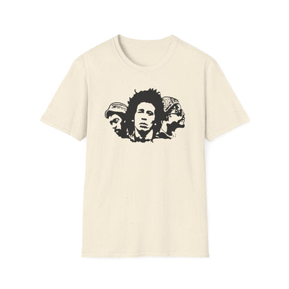 T-shirt with black graphic of three men's faces in a clustered arrangement.