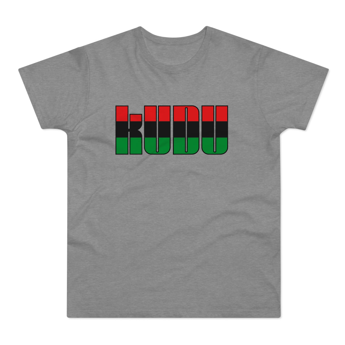 Grey t-shirt with "KUUDU" text in black outline and red, black, green fill.