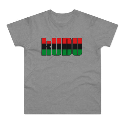 Grey t-shirt with "KUUDU" text in black outline and red, black, green fill.