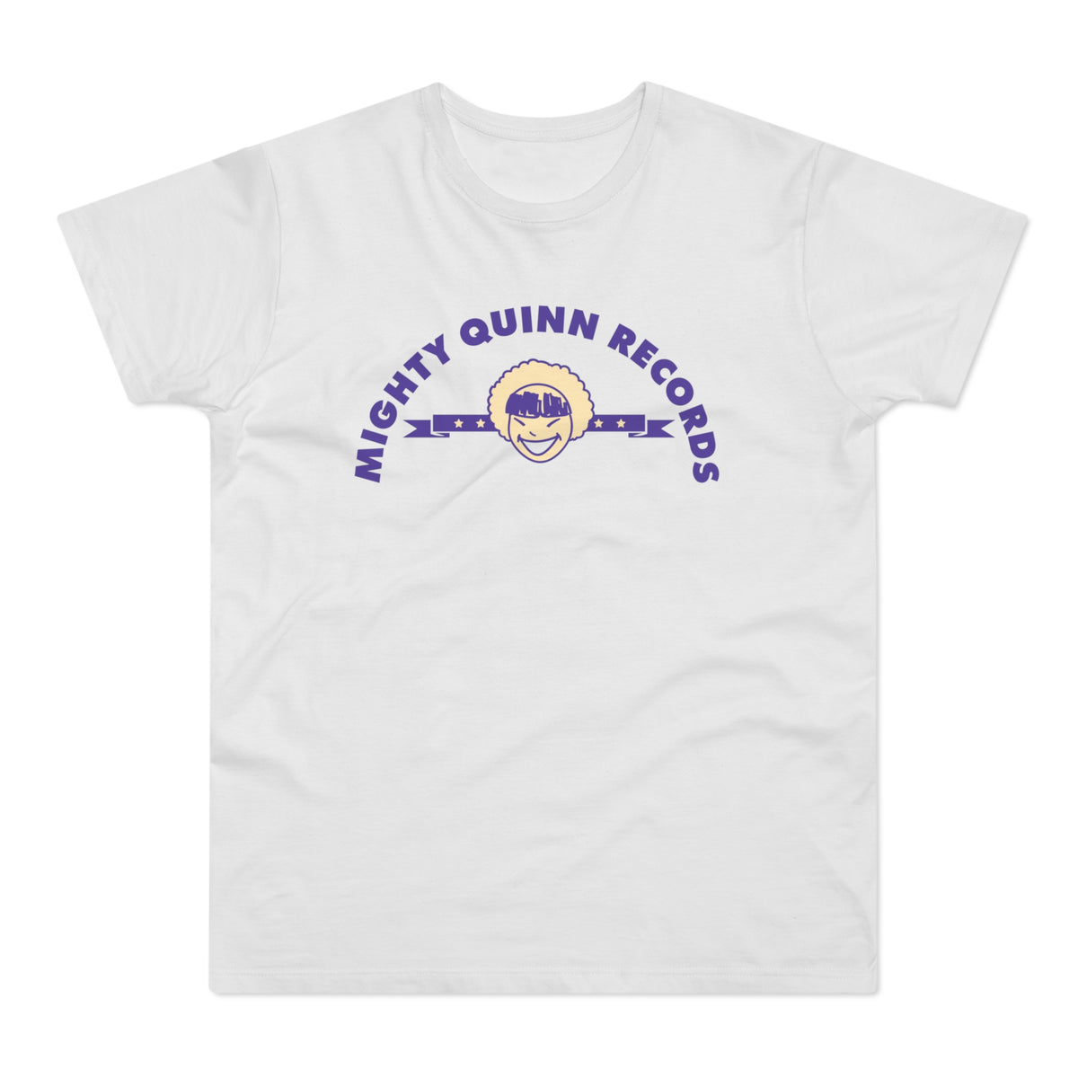 White t-shirt with purple text and cartoon face logo reading "Mighty Quinn Records".