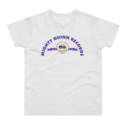 White t-shirt with purple text and cartoon face logo reading "Mighty Quinn Records".
