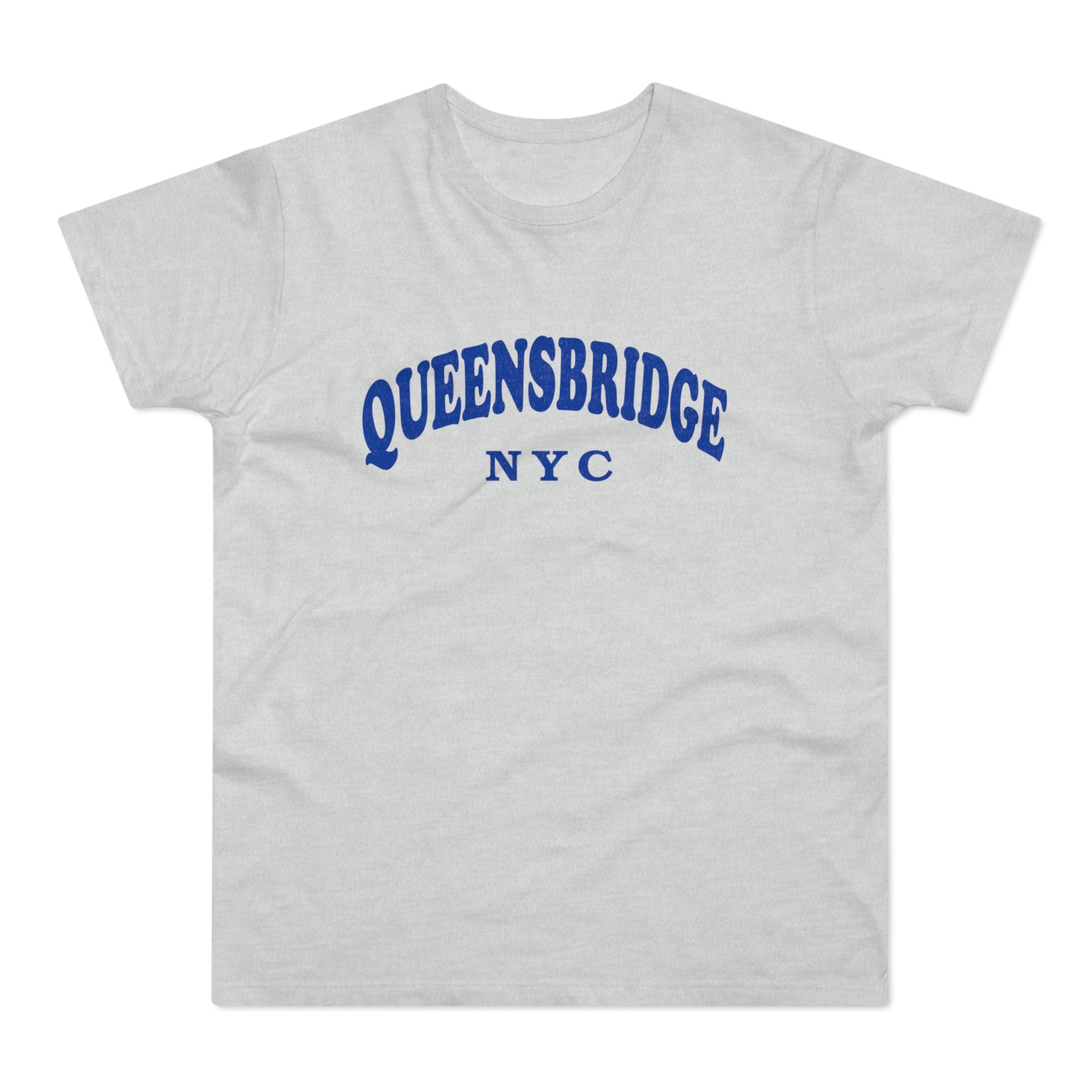 Light grey t-shirt with arched blue "QUEENSBRIDGE NYC" text.