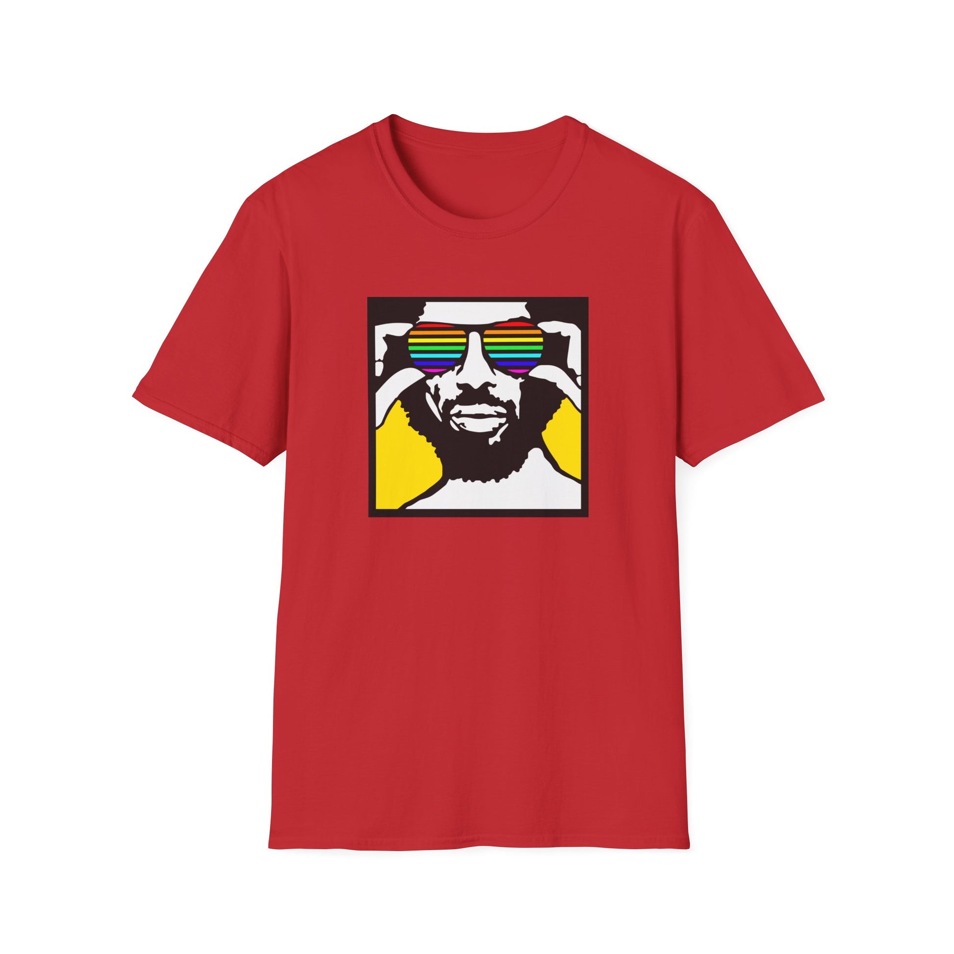 Red t-shirt with a graphic of a person wearing rainbow sunglasses.