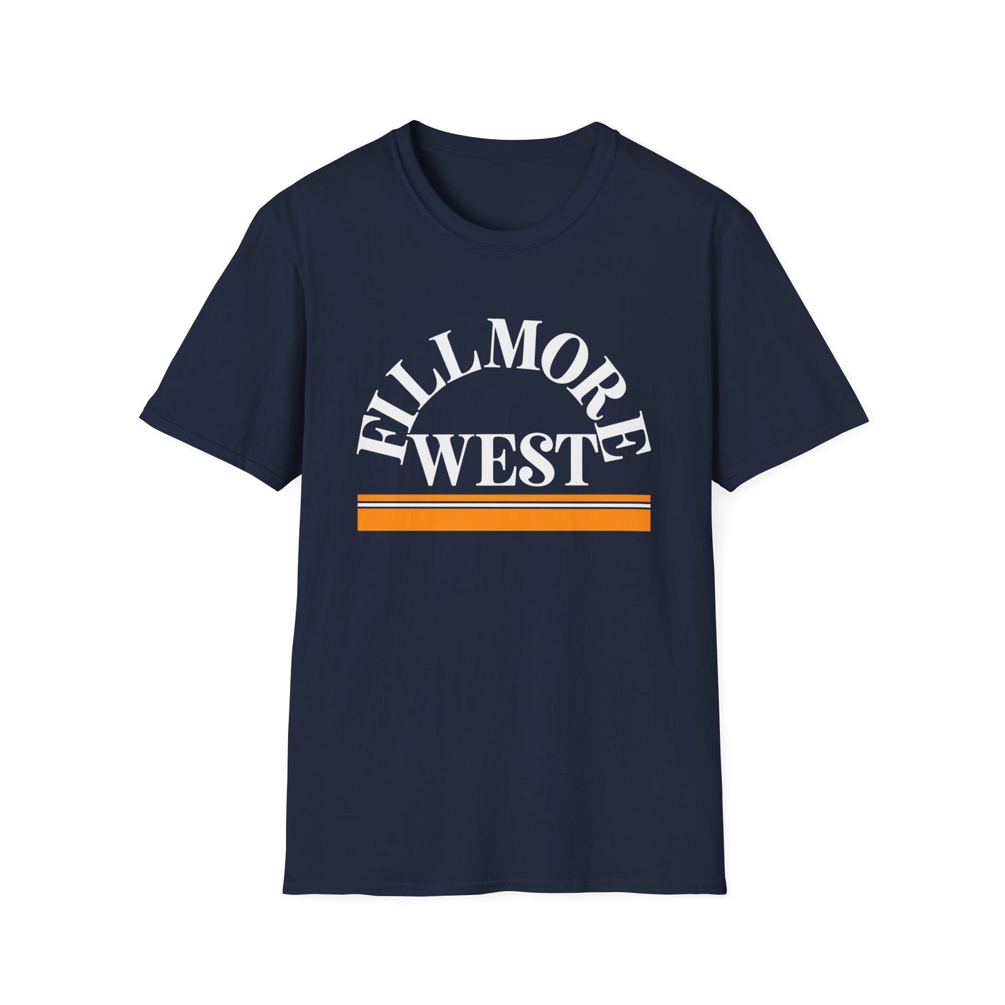 Navy t-shirt with white "Fillmore West" text and orange stripes.