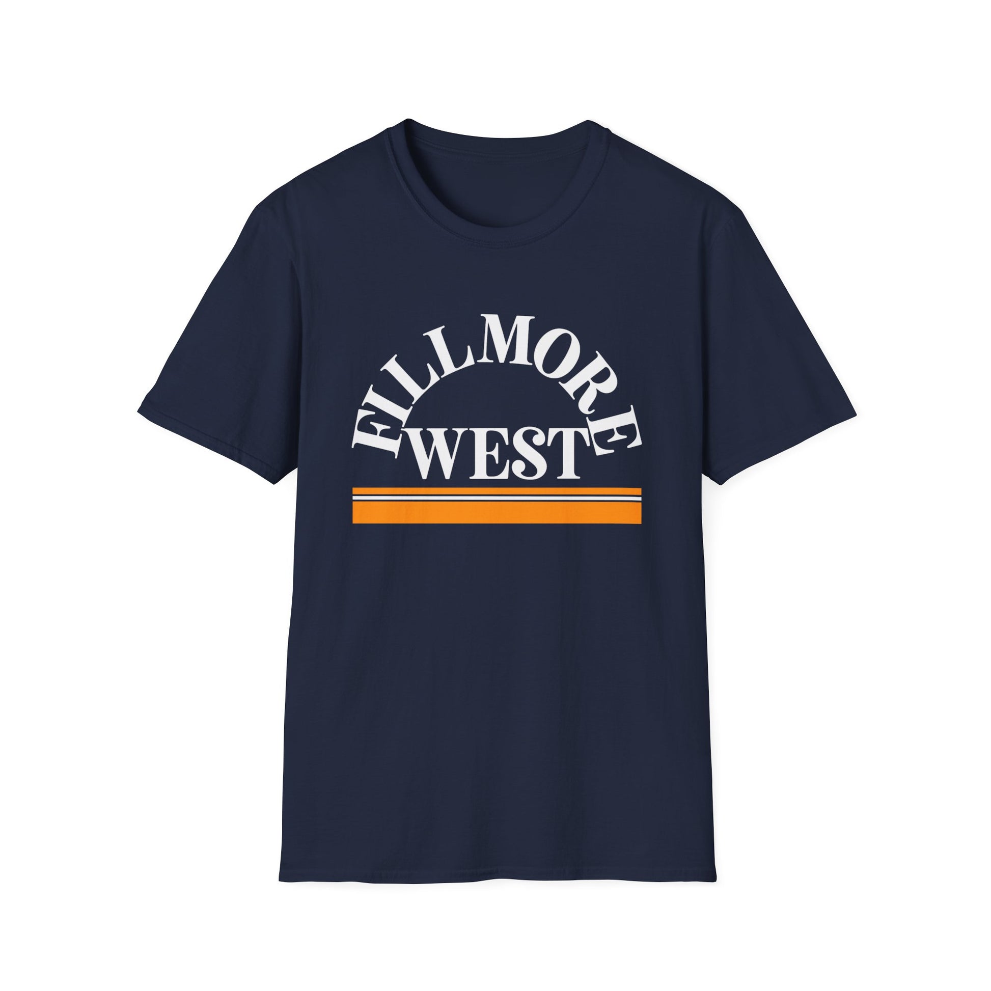 Navy t-shirt with white "Fillmore West" text and orange stripes.