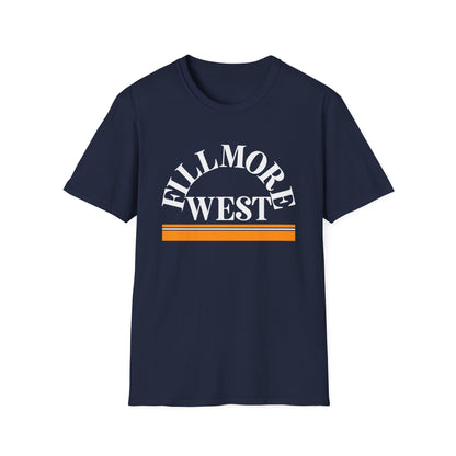 Navy t-shirt with white "Fillmore West" text and orange stripes.