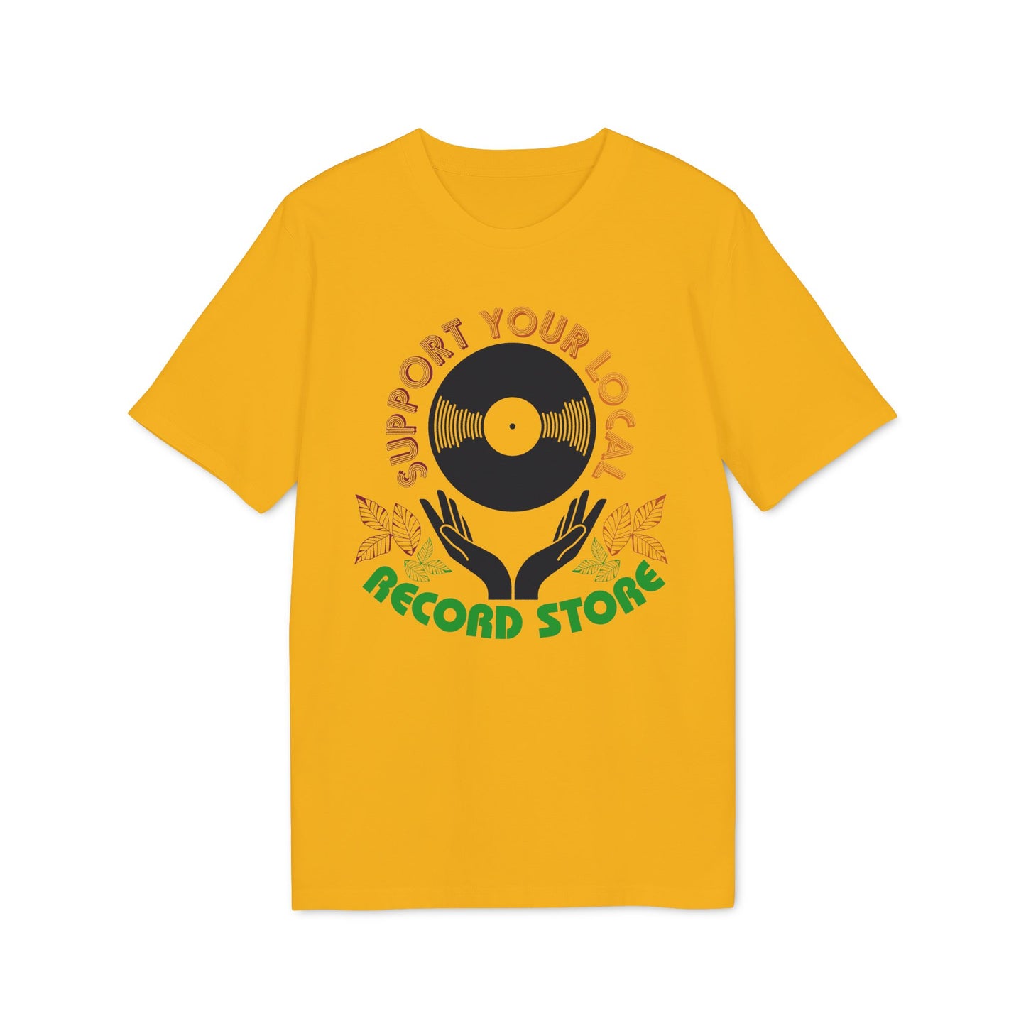 Yellow t-shirt with "Support Your Local Record Store" text and vinyl record graphic.