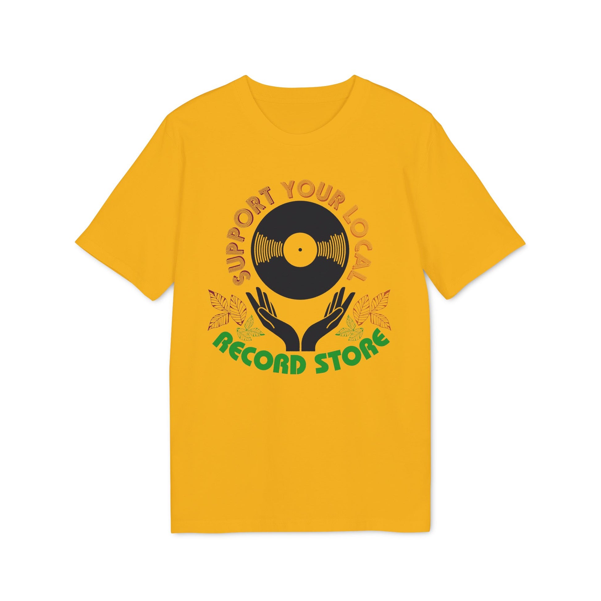Yellow t-shirt with "Support Your Local Record Store" text and vinyl record graphic.