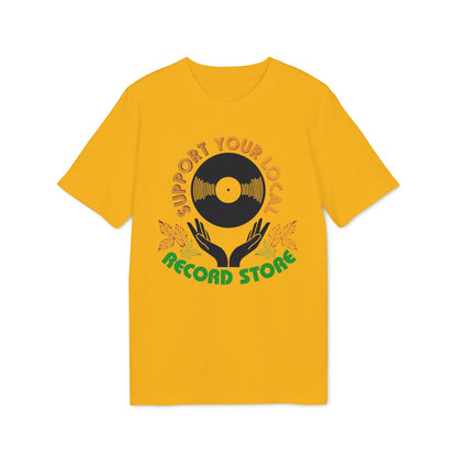 Yellow t-shirt with "Support Your Local Record Store" text and vinyl record graphic.
