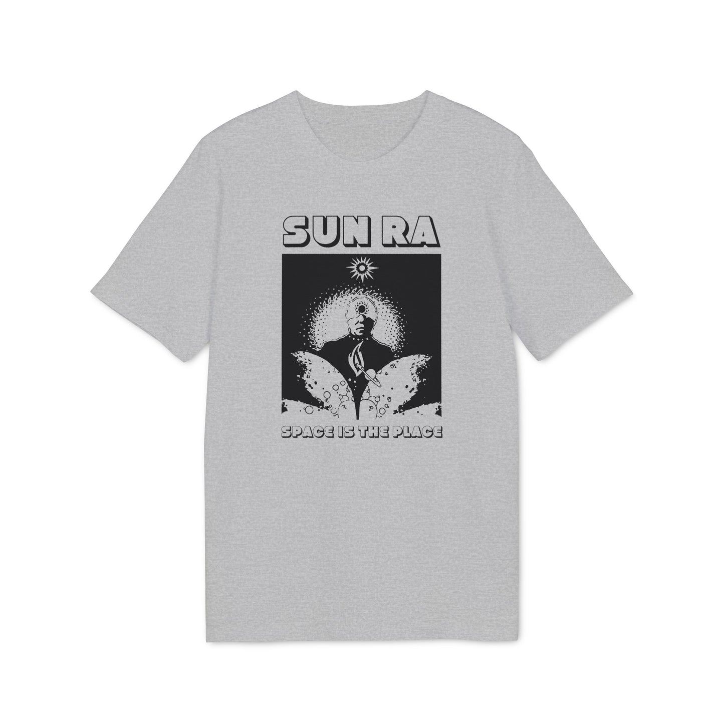 Grey t-shirt with black graphic art featuring "Sun Ra" and "Space is the Place."