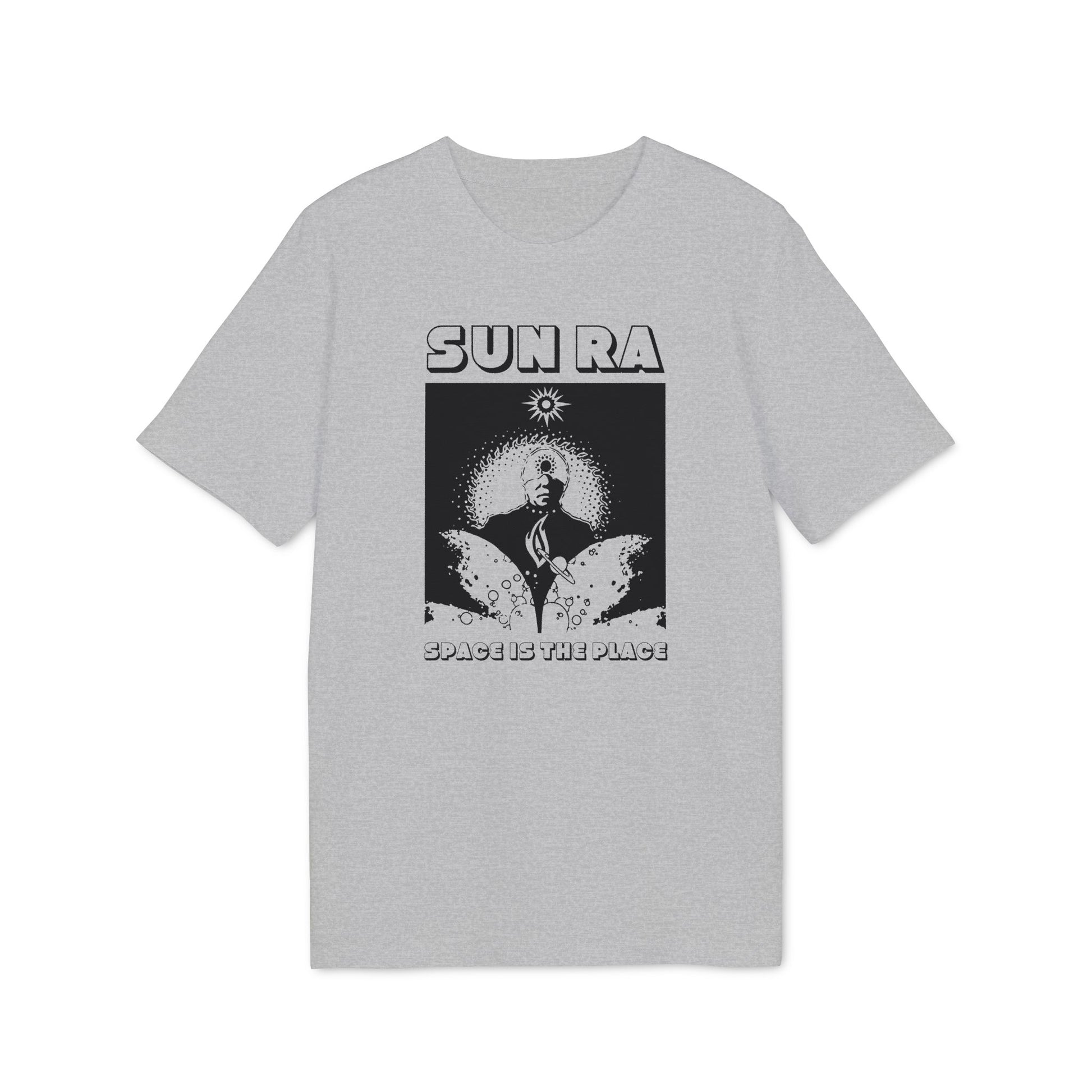 Grey t-shirt with black graphic art featuring "Sun Ra" and "Space is the Place."