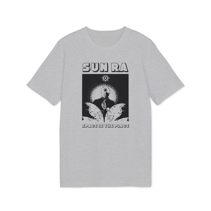 Grey t-shirt with black graphic art featuring "Sun Ra" and "Space is the Place."