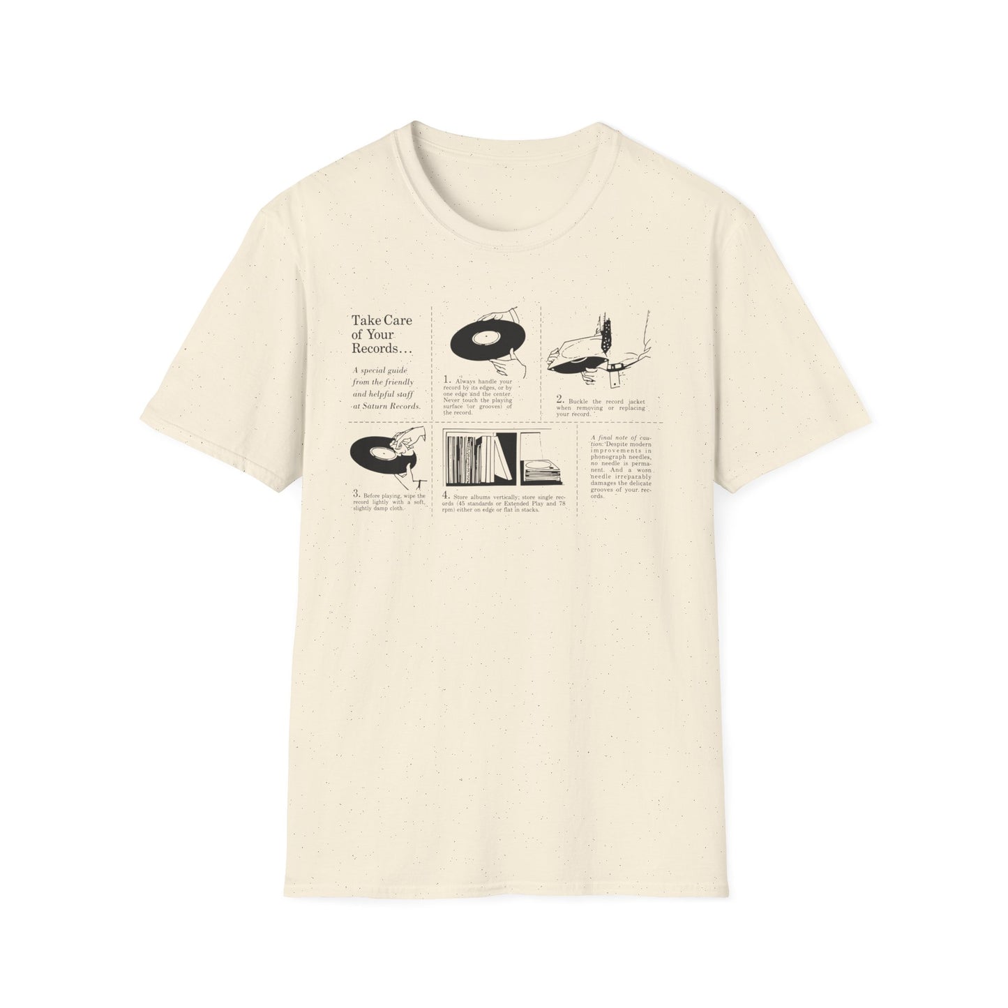 Cream t-shirt with "Take Care of Your Records" guide featuring illustrations.