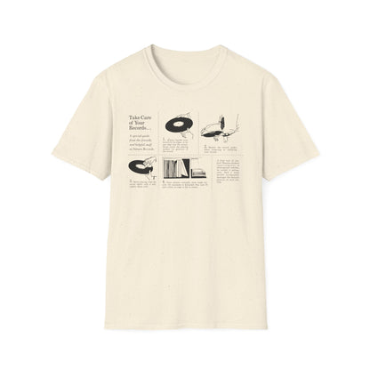 Cream t-shirt with "Take Care of Your Records" guide featuring illustrations.