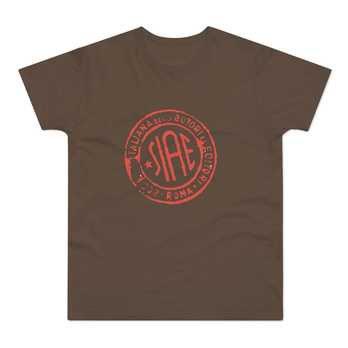 Brown t-shirt with red SIAE logo, "ITALIANA DEGLI AUTORI E EDITOR! 2002 ROMA".