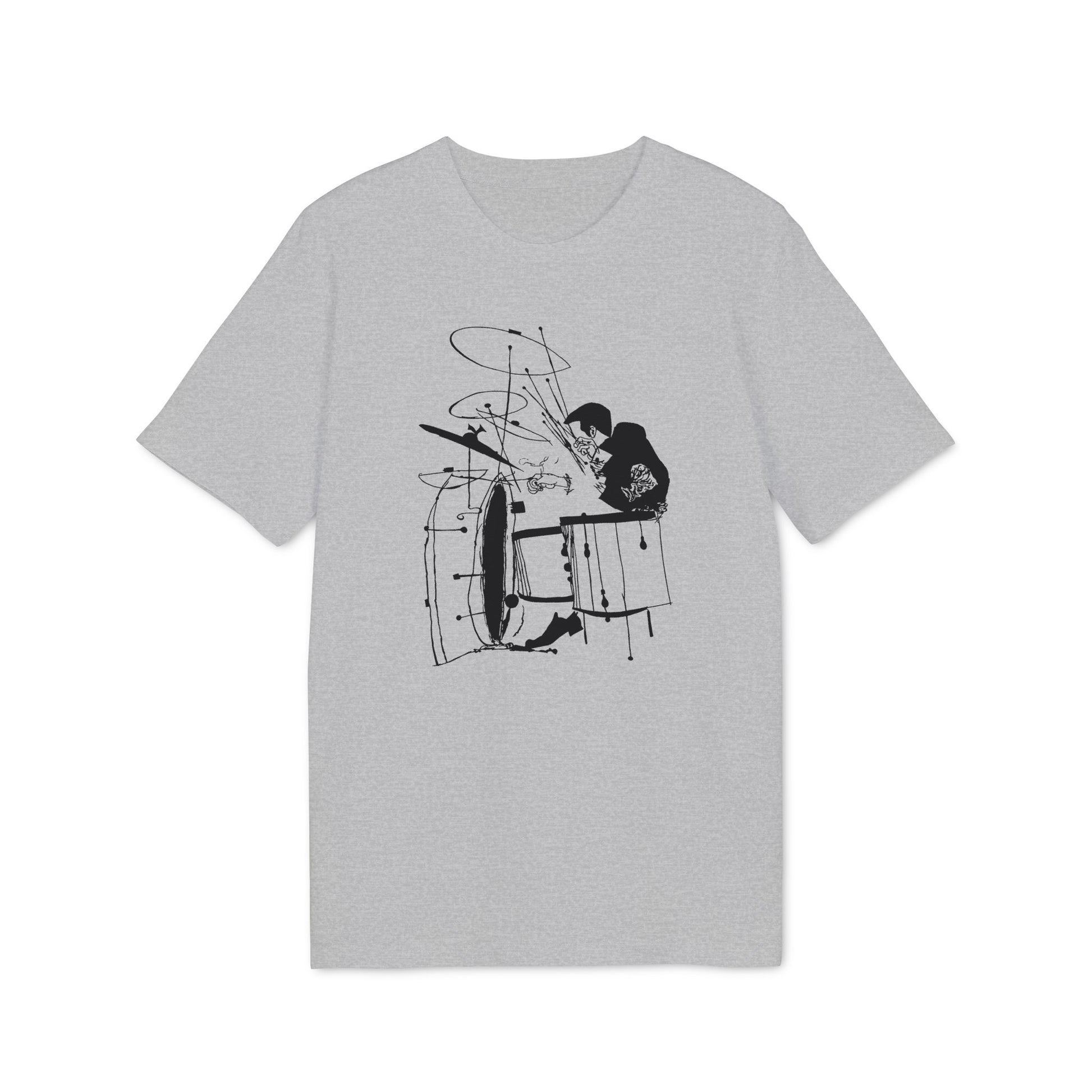 Grey t-shirt with a black line drawing of a drummer and drum set.