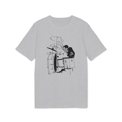 Grey t-shirt with a black line drawing of a drummer and drum set.