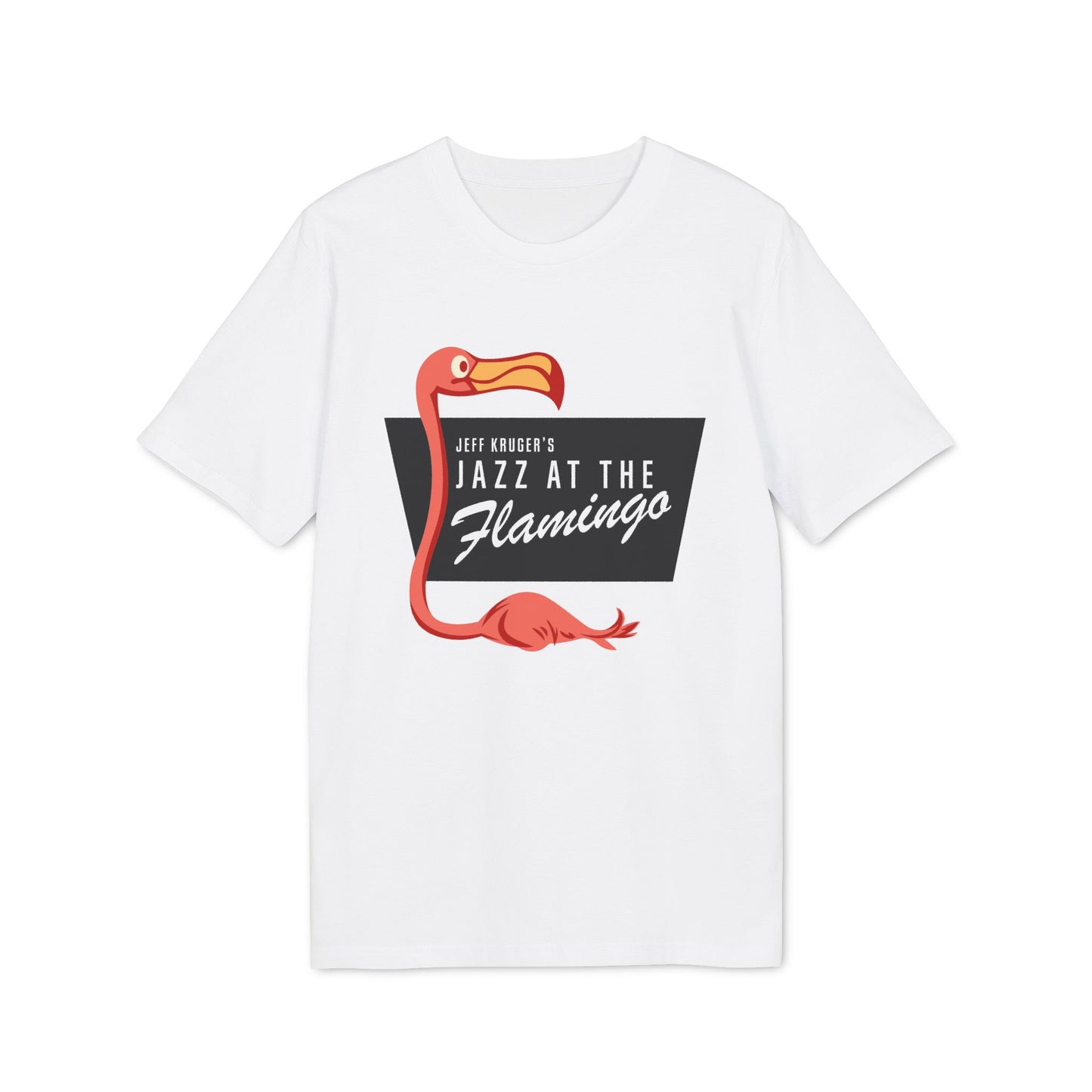 White t-shirt with Jeff Kruger's Jazz at the Flamingo logo and illustration.