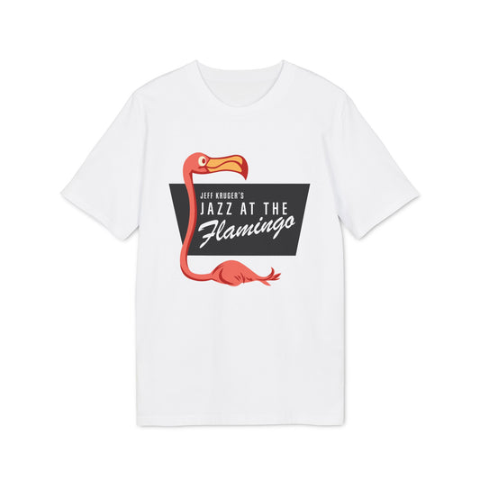 White t-shirt with Jeff Kruger's Jazz at the Flamingo logo and illustration.