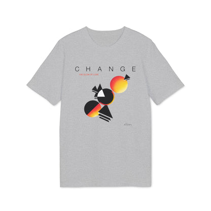 Grey t-shirt featuring the word CHANGE, the subtitle THE GLOW OF LOVE, and abstract geometric graphics.