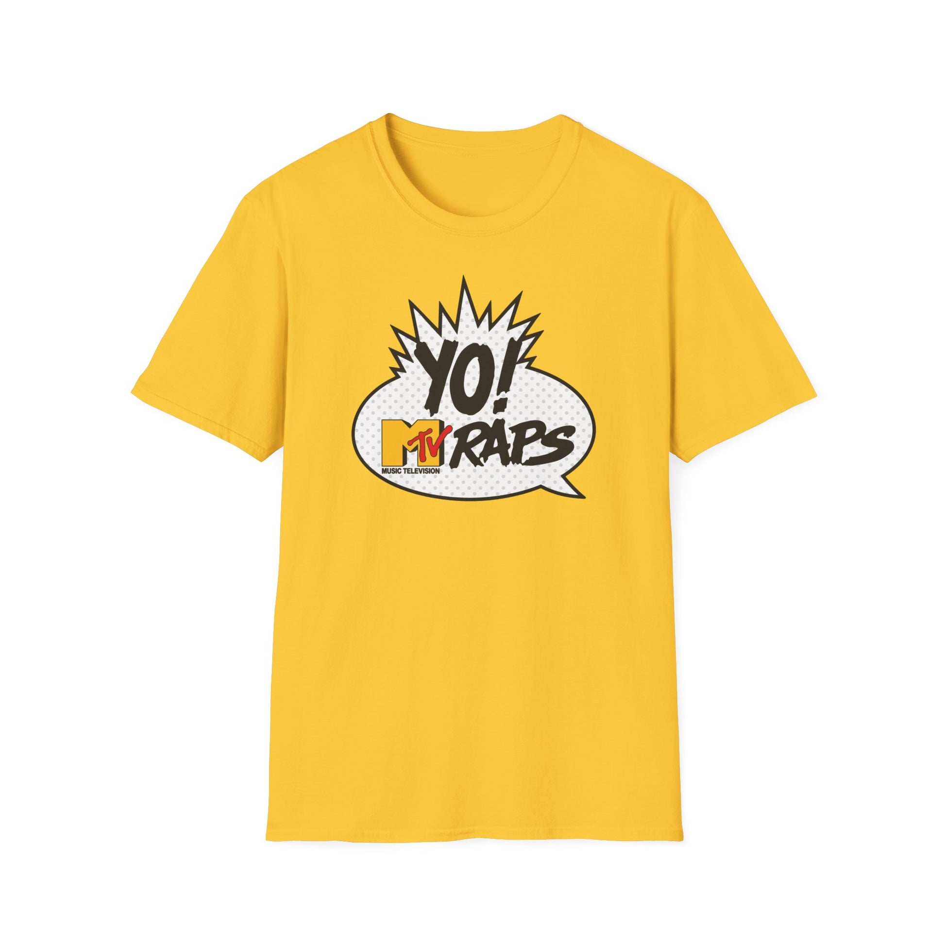 Yellow t-shirt with "YO! MTV RAPS" logo in a comic speech bubble.