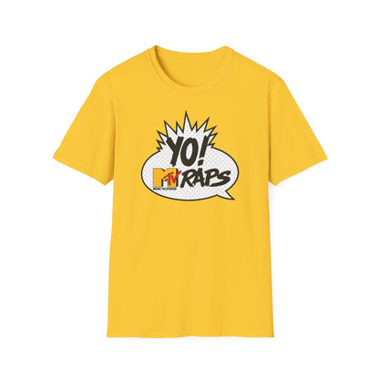 Yellow t-shirt with "YO! MTV RAPS" logo in a comic speech bubble.