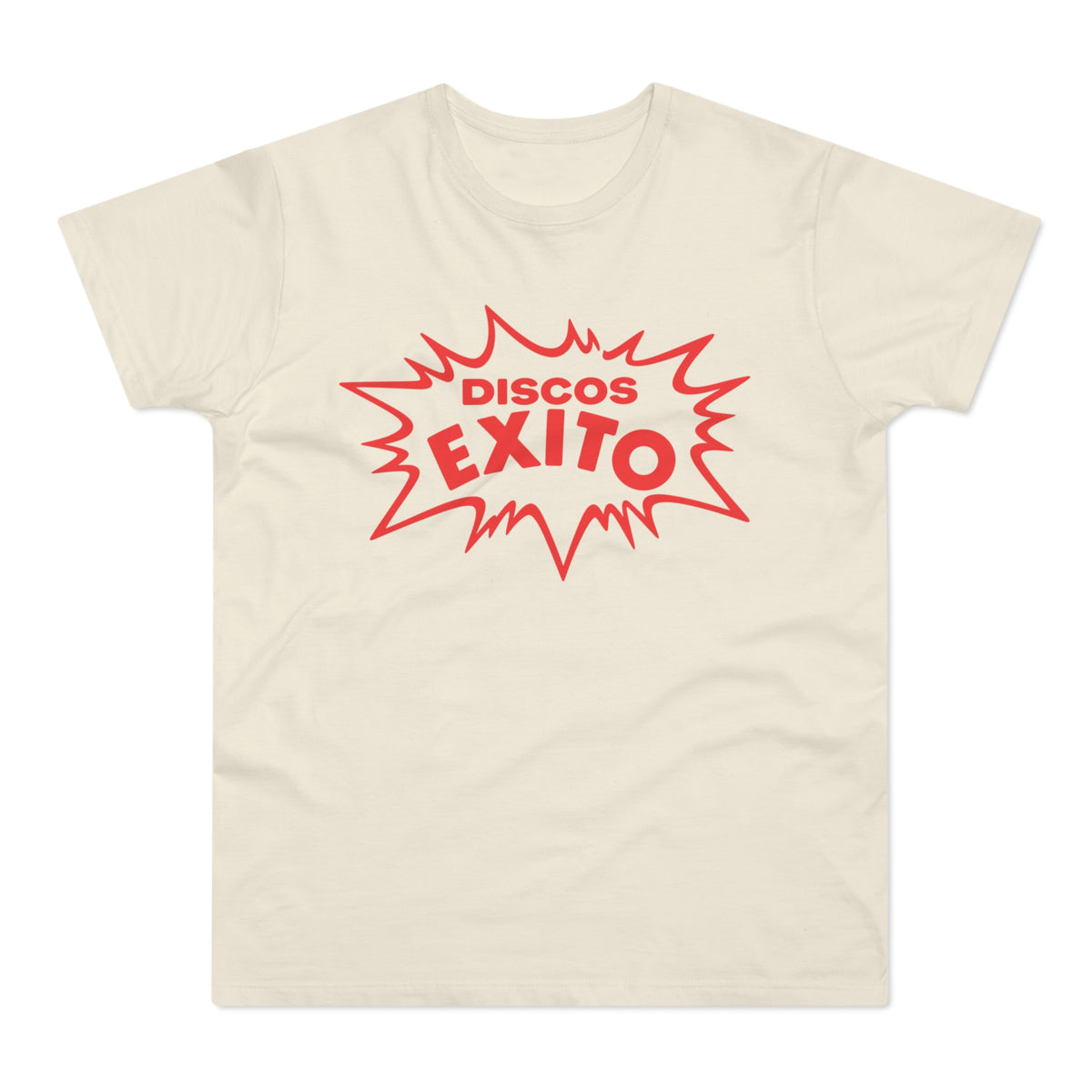 Cream t-shirt with red "DISCOS" and "EXITO" text in a burst graphic.
