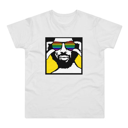 Man wearing rainbow striped sunglasses on a white t-shirt.