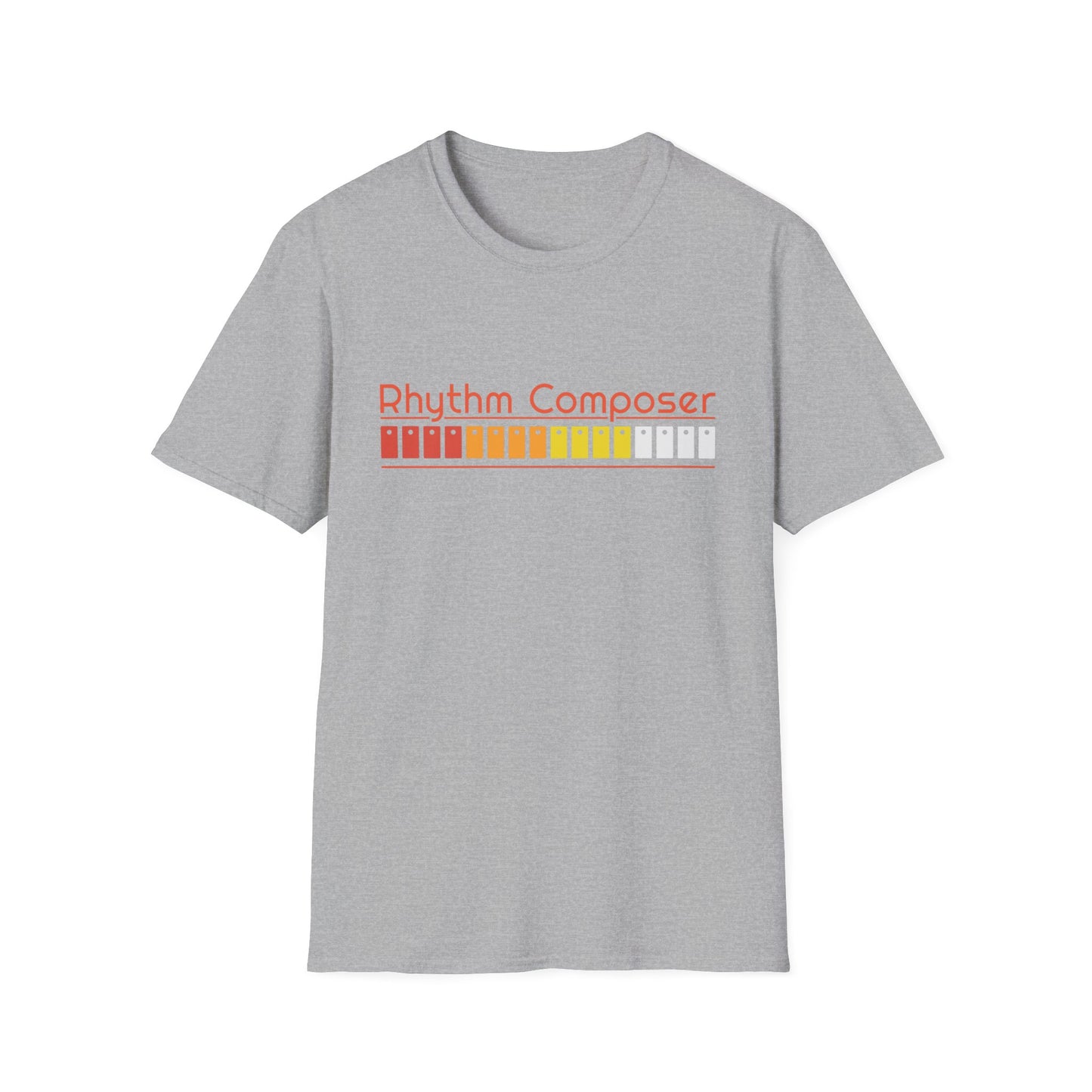 Grey t-shirt with orange text "Rhythm Composer" and a color gradient of squares.