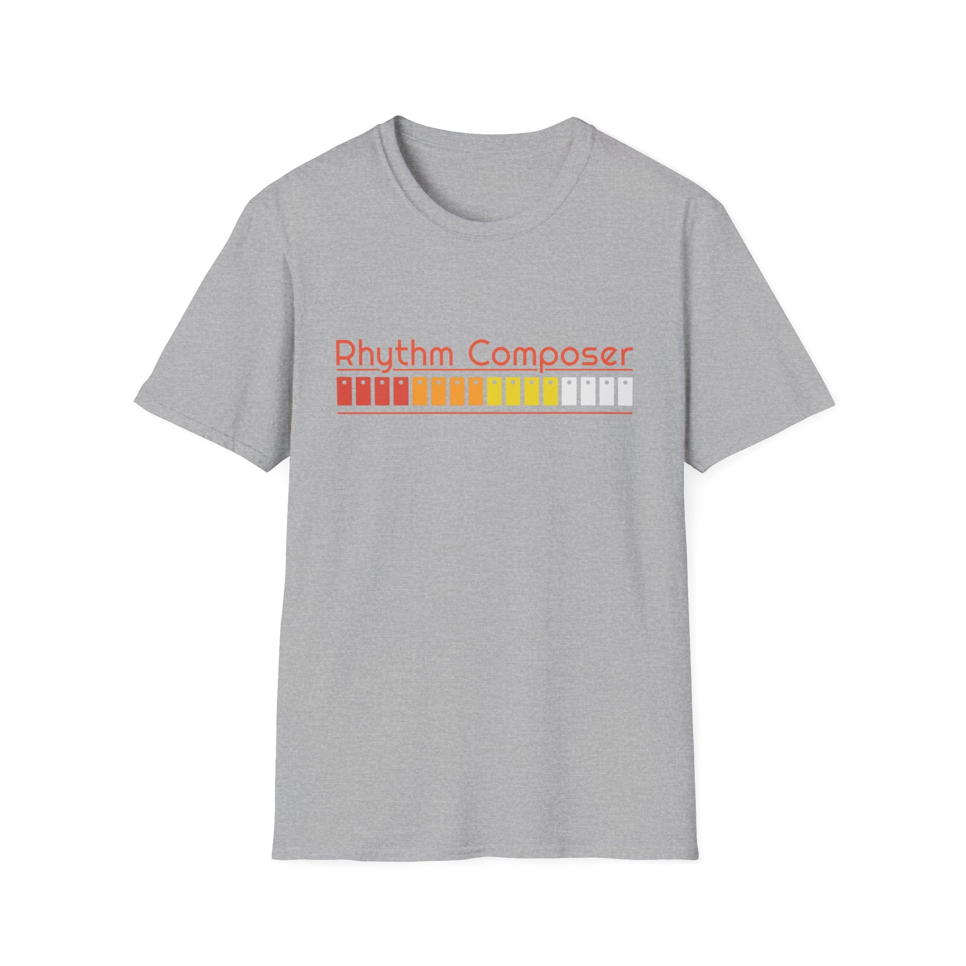 Grey t-shirt with orange text "Rhythm Composer" and a color gradient of squares.