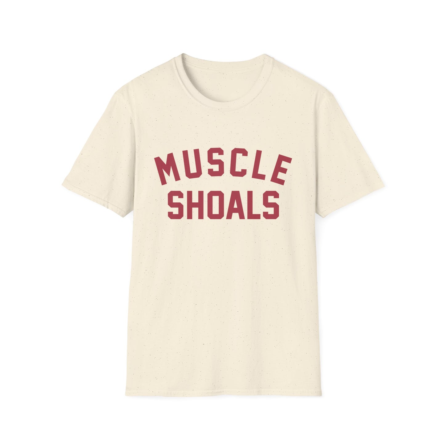 Cream t-shirt with maroon "MUSCLE SHOALS" text