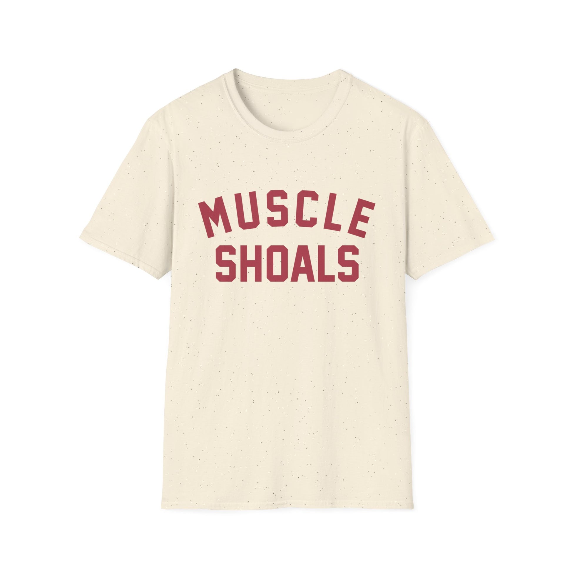 Cream t-shirt with maroon "MUSCLE SHOALS" text