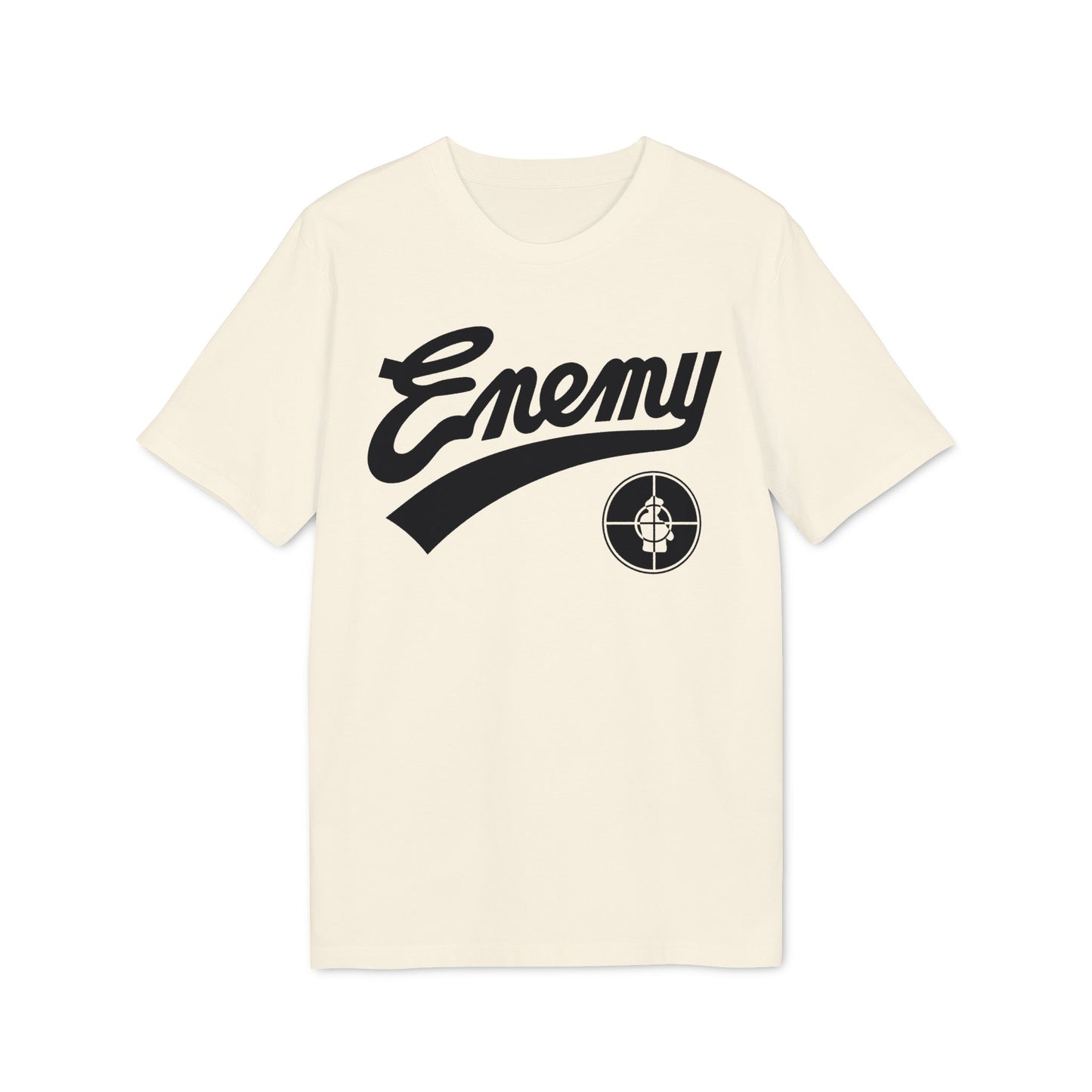 Cream t-shirt with black "Enemy" graphic and target logo.