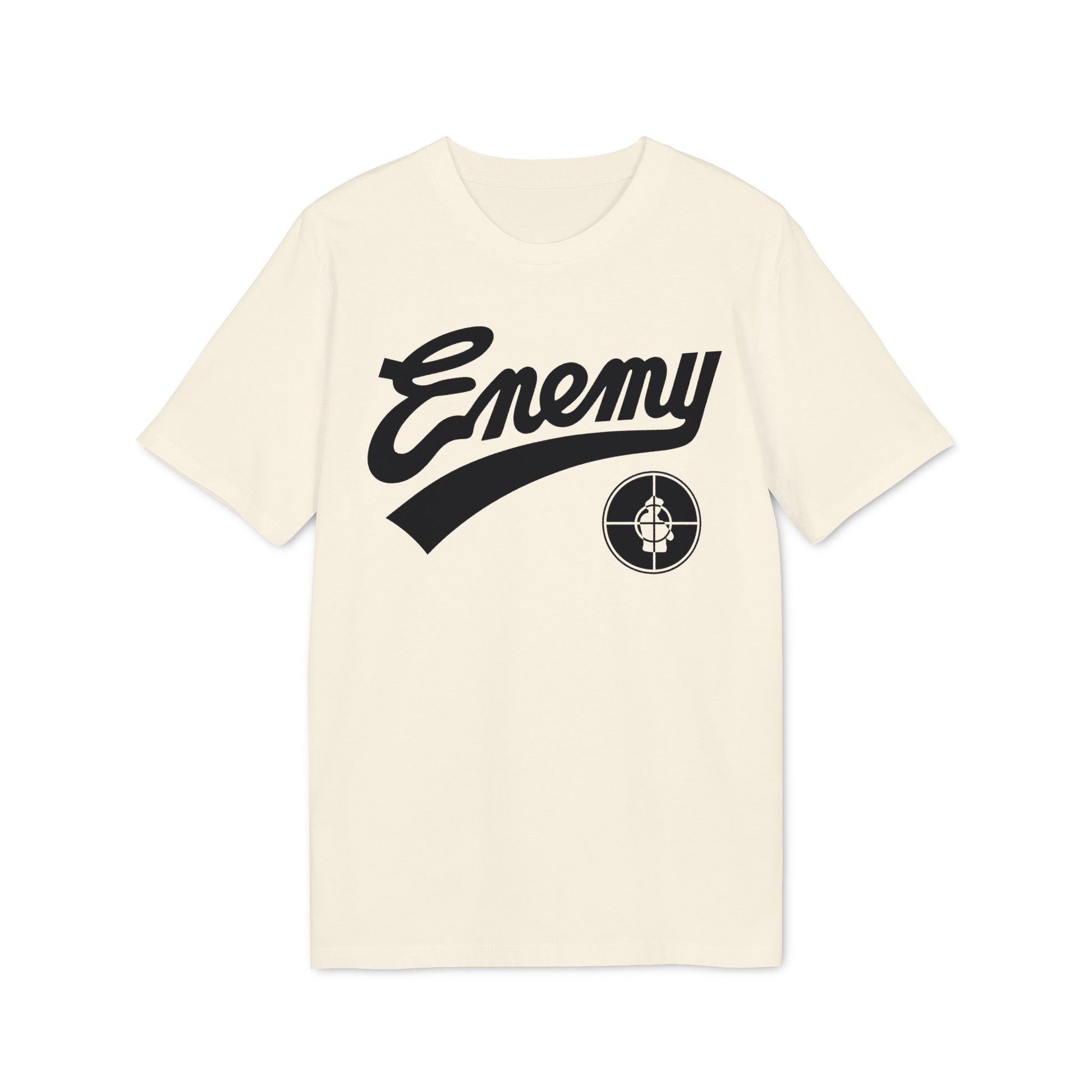 Cream t-shirt with black "Enemy" graphic and target logo.