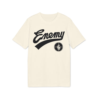 Cream t-shirt with black "Enemy" graphic and target logo.