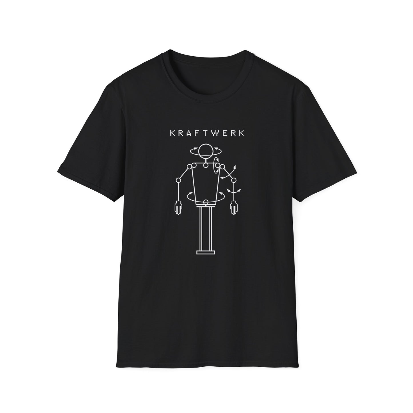 Black t-shirt with white  text and robot graphic.