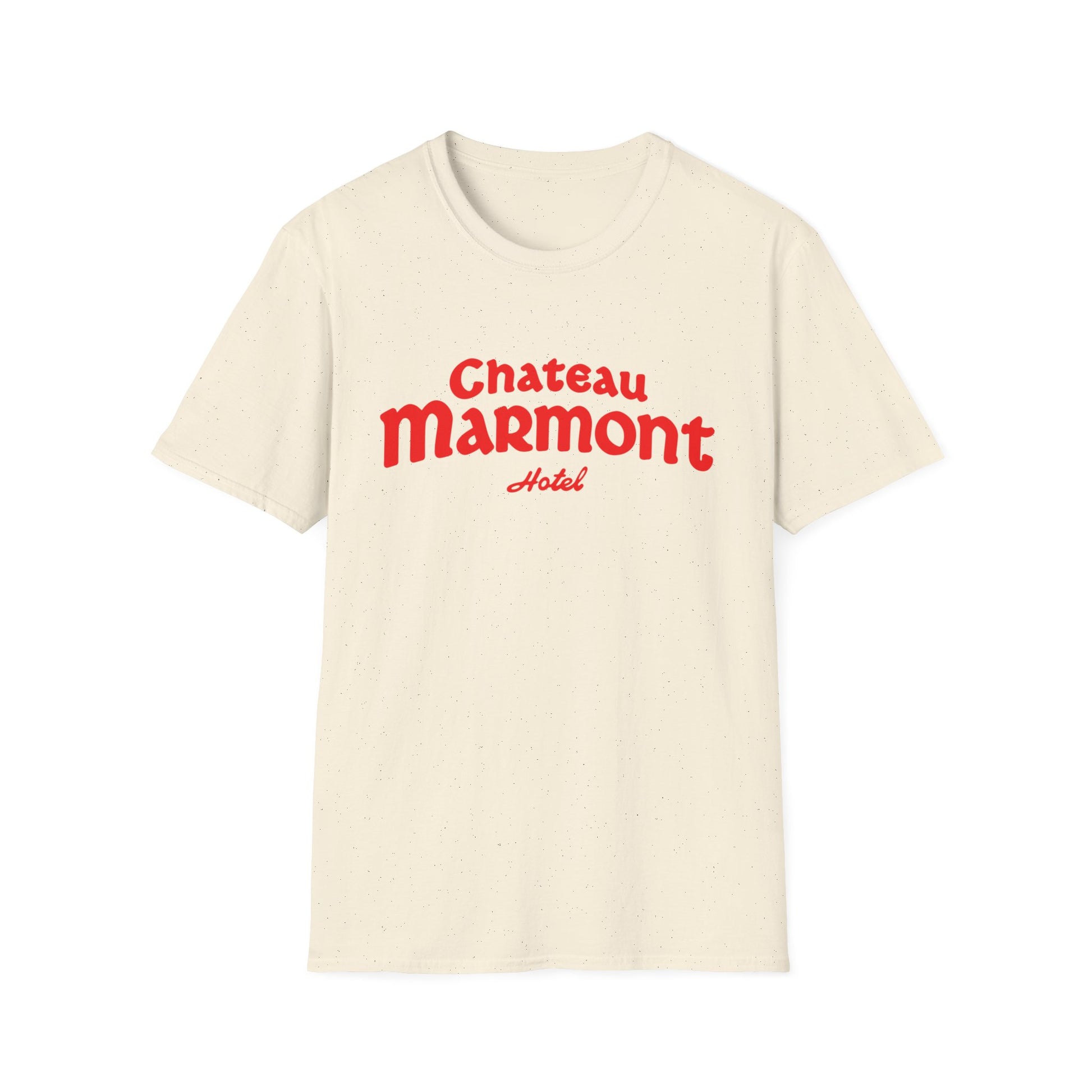 Cream t-shirt with red "Chateau Marmont Hotel" text in playful script font.