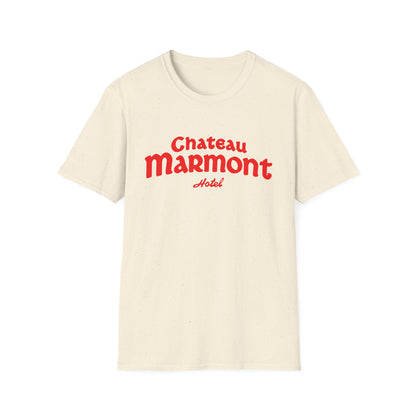 Cream t-shirt with red "Chateau Marmont Hotel" text in playful script font.