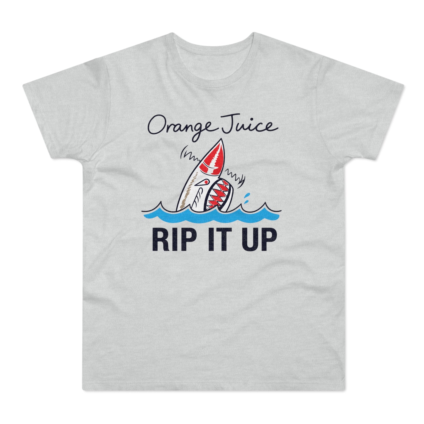 T-shirt with "Orange Juice Rip It Up" text and a shark graphic.