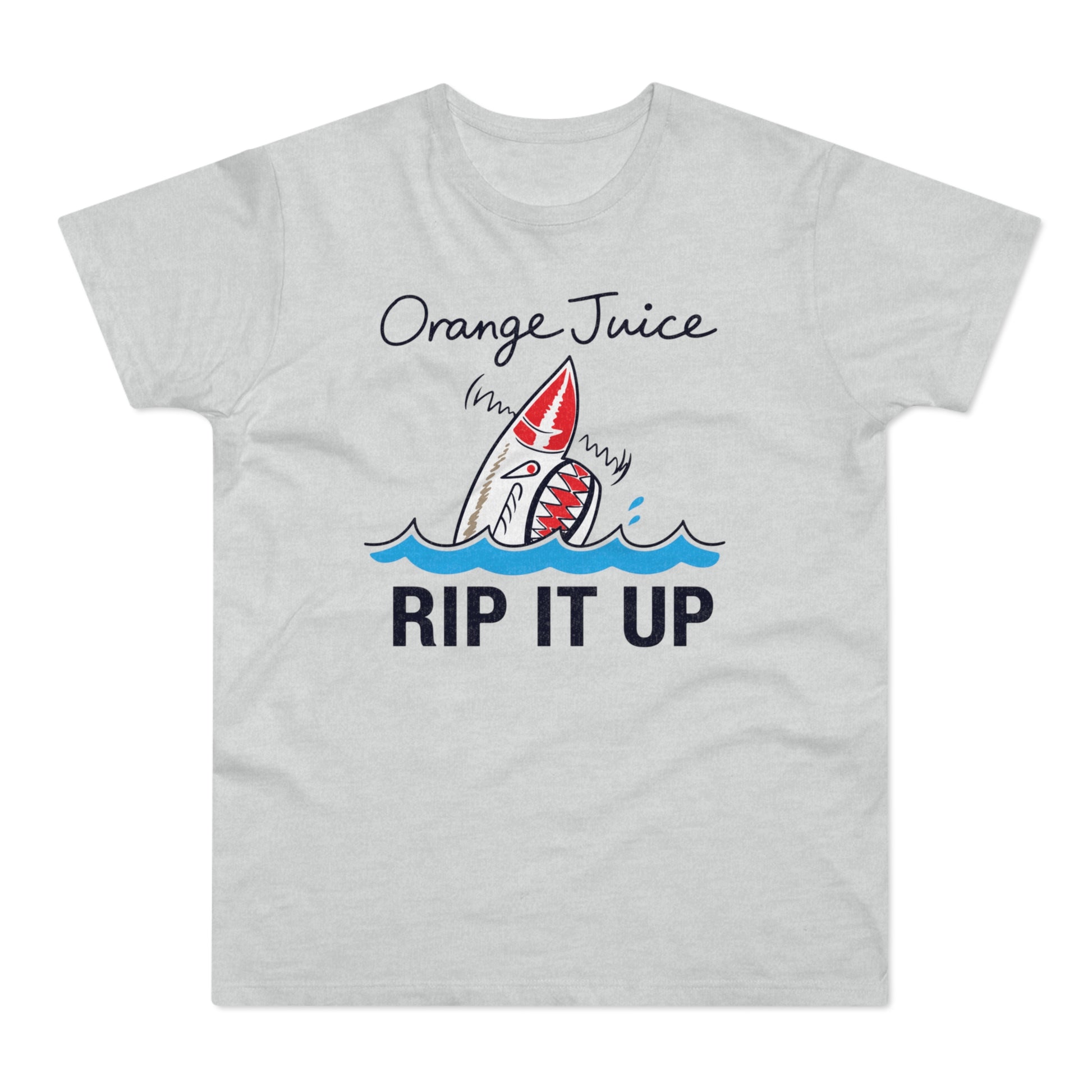 T-shirt with "Orange Juice Rip It Up" text and a shark graphic.