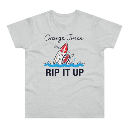 T-shirt with "Orange Juice Rip It Up" text and a shark graphic.