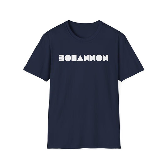 Navy blue t-shirt with white "BOHANNON" text featuring a triangle between the 'O' and 'H'.