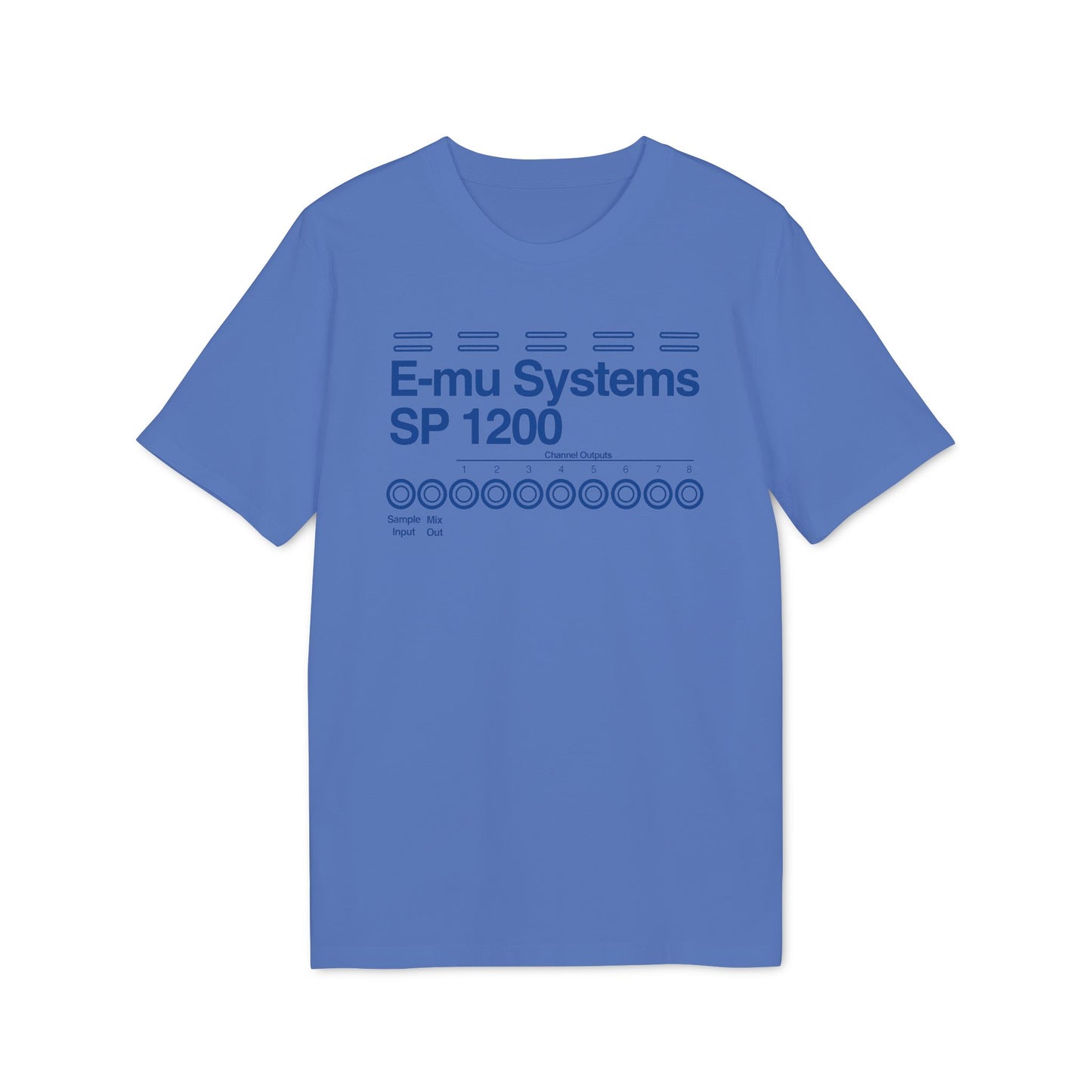 Blue t-shirt with E-mu Systems SP 1200 graphic and channel outputs.