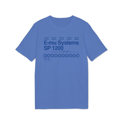 Blue t-shirt with E-mu Systems SP 1200 graphic and channel outputs.