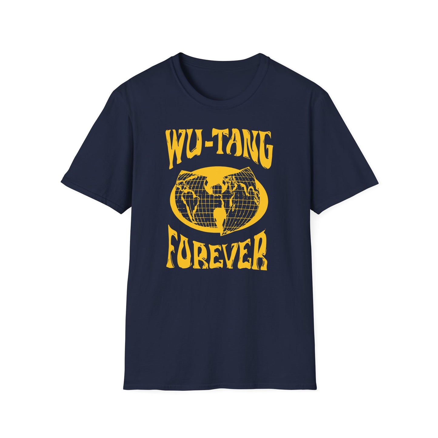 Navy t-shirt with yellow Forever text and globe graphic.