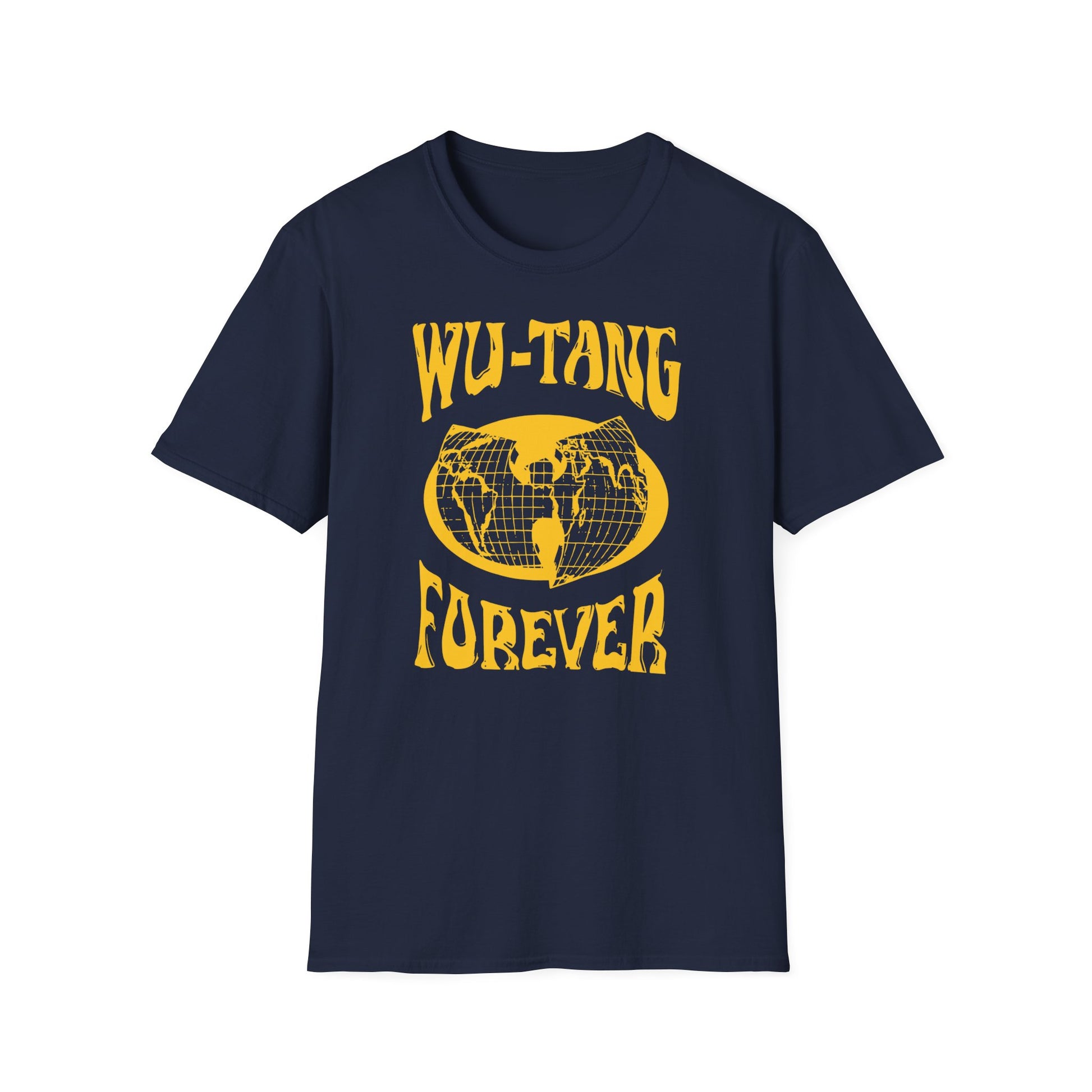 Navy t-shirt with yellow Forever text and globe graphic.