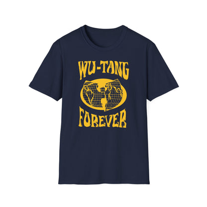 Navy t-shirt with yellow Forever text and globe graphic.
