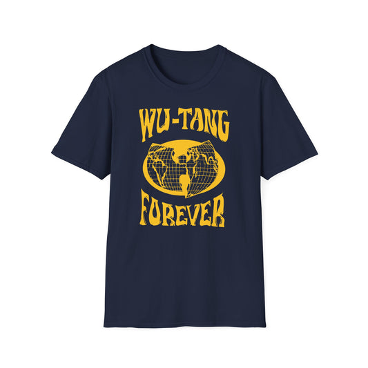 Navy t-shirt with yellow Forever text and globe graphic.