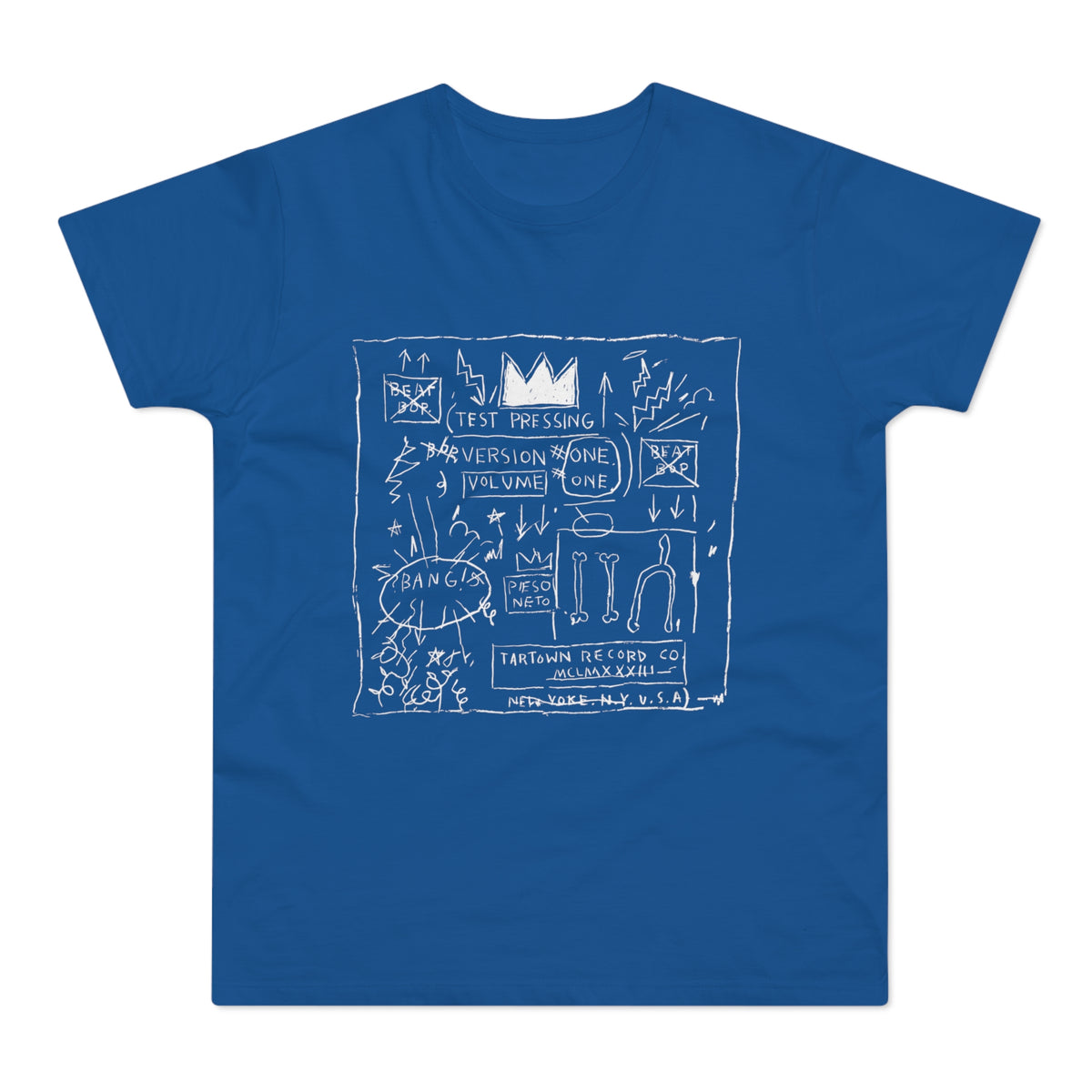 Royal blue t-shirt with white line art featuring crown, text, and abstract shapes.