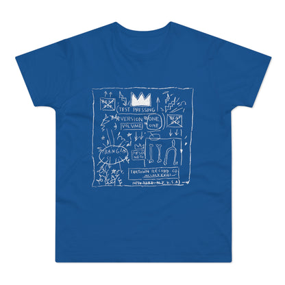 Royal blue t-shirt with white line art featuring crown, text, and abstract shapes.